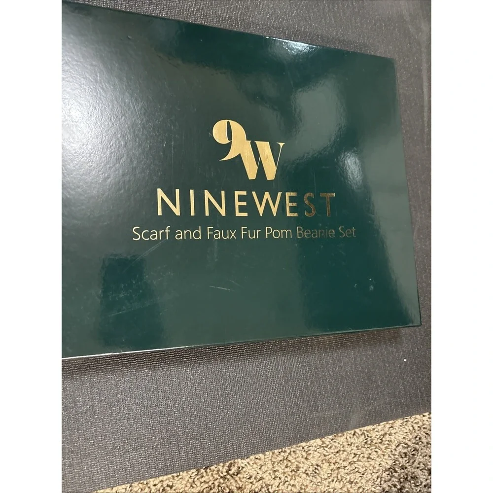 Nine West Scarf And Faux Fur Pom Beanie Set, Brand New In Box, Red Plaid Winter